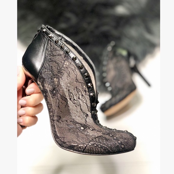 BCBGMaxAzria Shoes - BCBGMAXAZRIA Black Lace Leather Caged Stud Heels